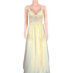 Yellow A-Line Tulle Lace Rhinestone Long Dress Ballgown Prom Dress Side Slit XS